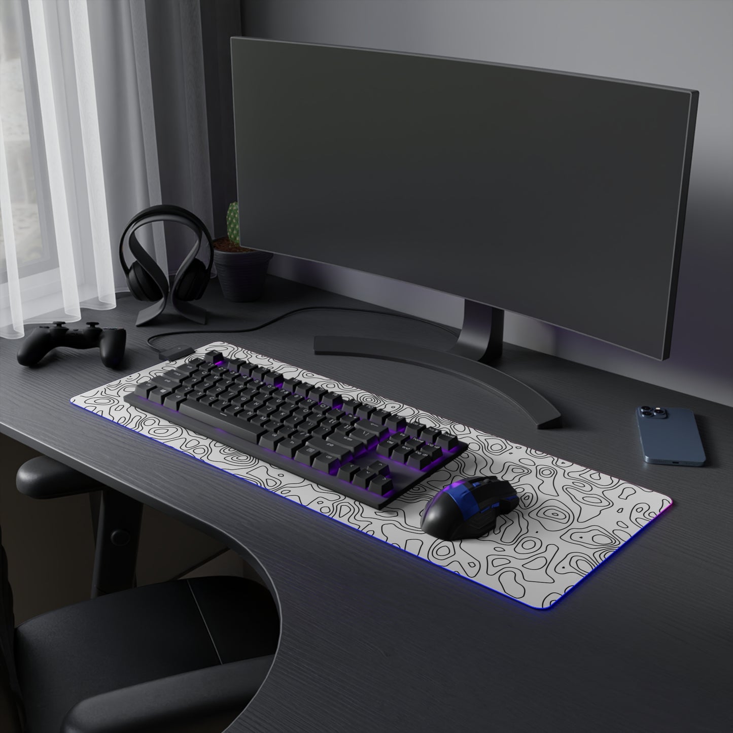 LED Gaming Mouse Pad - Topographic 10 Design, PC Mouse Mat with LED Lights, Various Sizes, Gaming Accessories