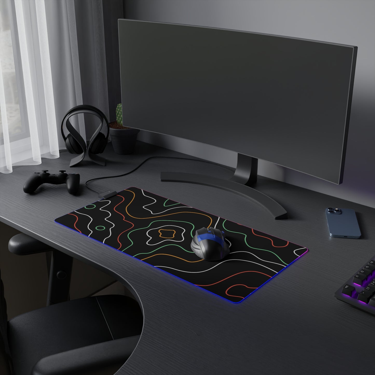 LED Gaming Mouse Pad - Topographic 2 Design, PC Mouse Mat with LED Lights, Various Sizes, Gaming Accessories