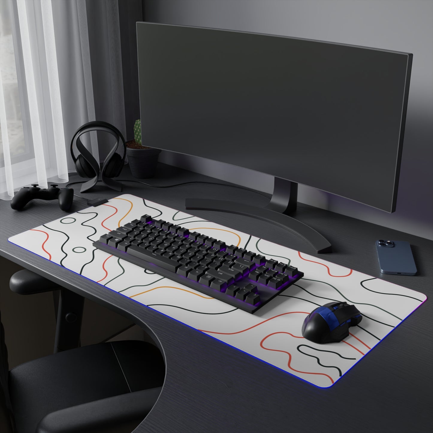 LED Gaming Mouse Pad - Topographic 9 Design, PC Mouse Mat with LED Lights, Various Sizes, Gaming Accessories