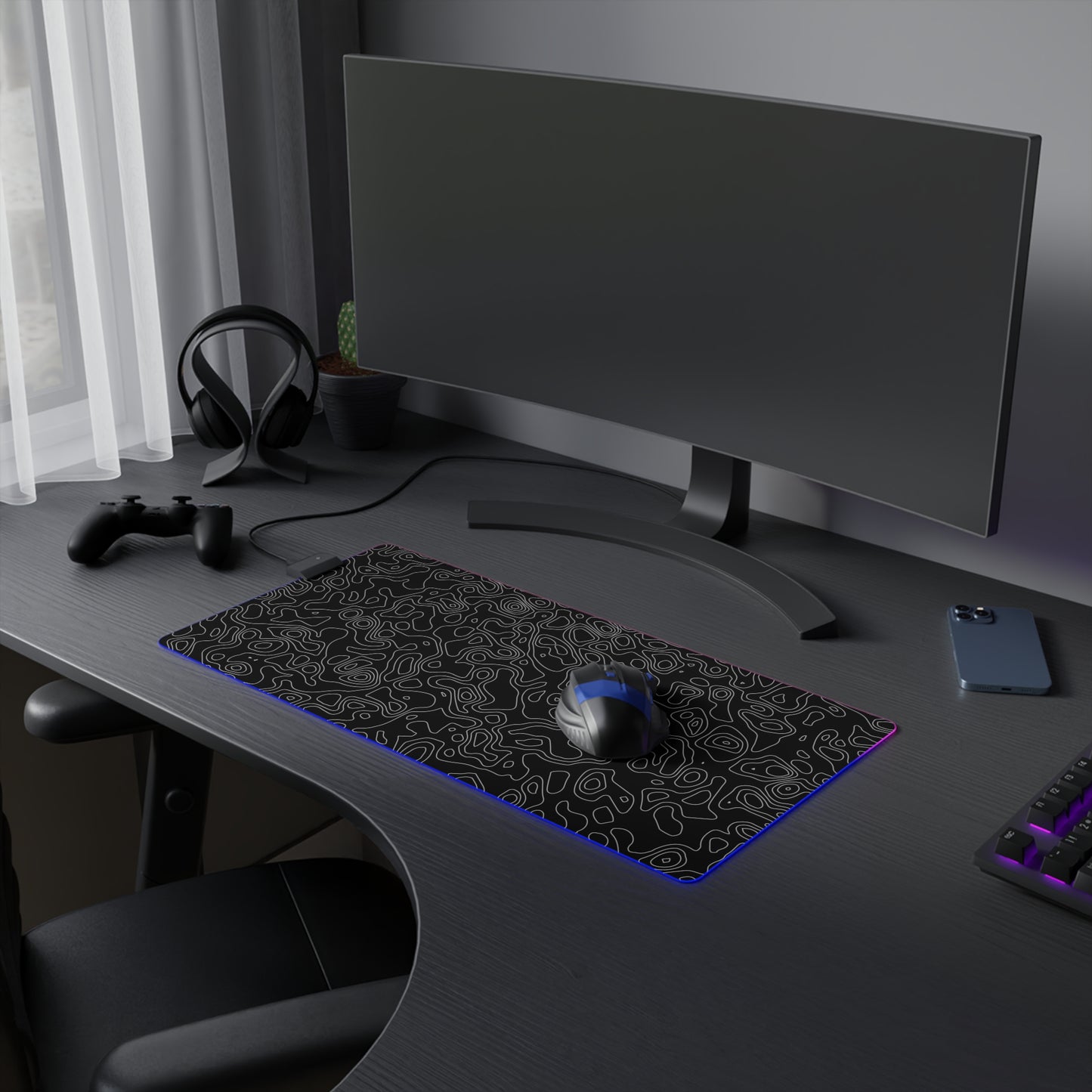 Topographic 3 LED Gaming Mouse Pad - Unique Design for PC Gamers, Various Sizes, Customizable Mat, Gift for Tech Enthusiasts, Gaming