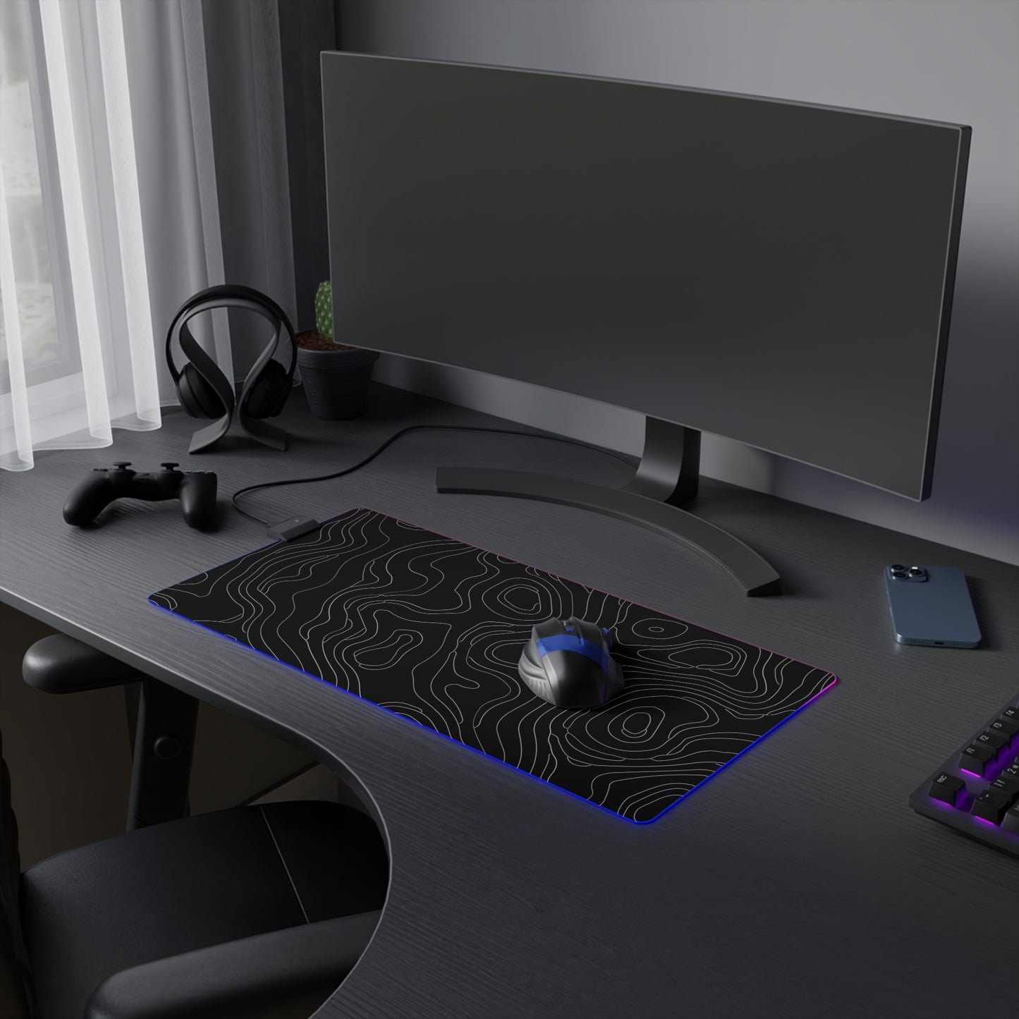 Topographic 4 LED Gaming Mouse Pad - Unique Design for PC Gamers, Various Sizes, Customizable Mat, Gift for Tech Enthusiasts, Gaming