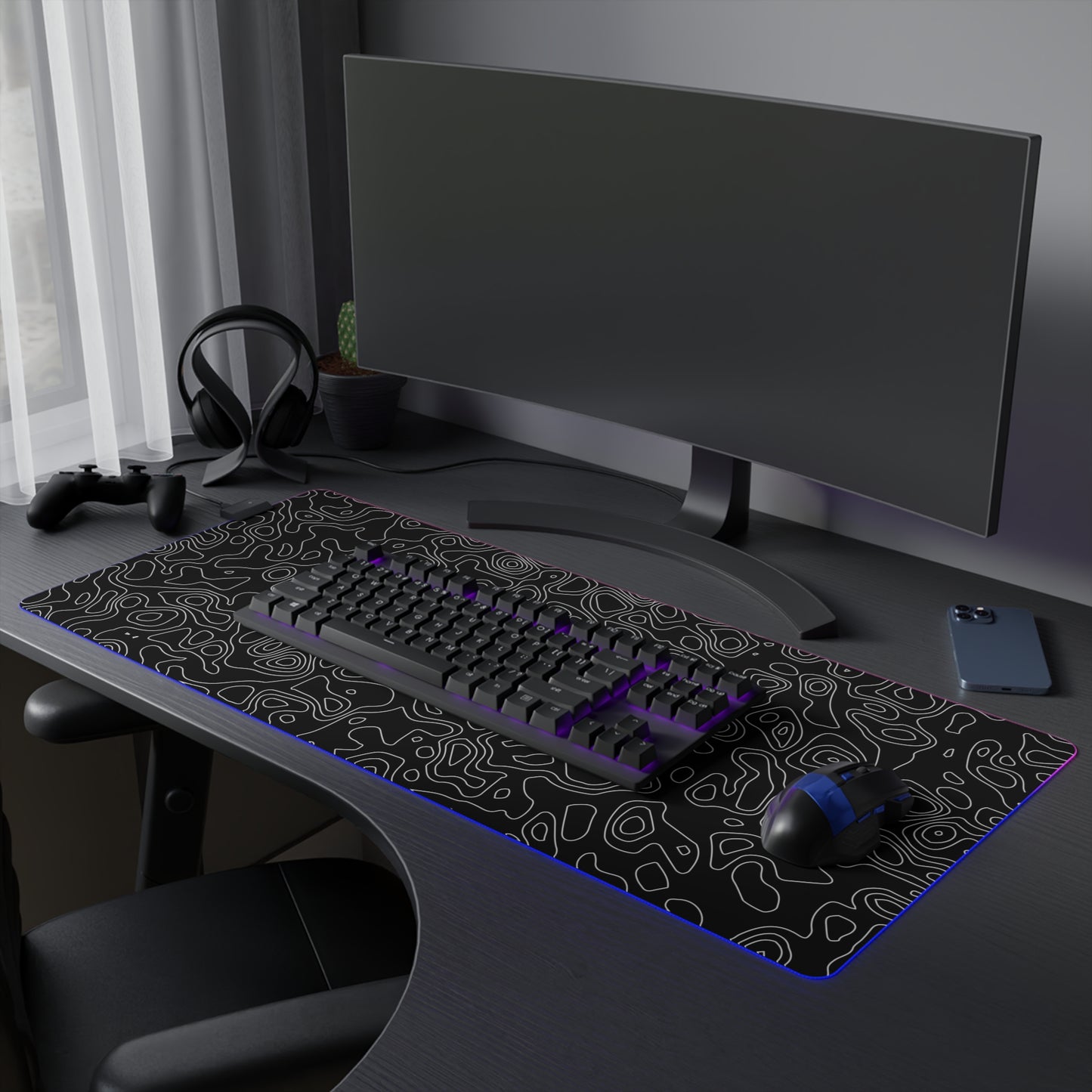 Topographic 3 LED Gaming Mouse Pad - Unique Design for PC Gamers, Various Sizes, Customizable Mat, Gift for Tech Enthusiasts, Gaming