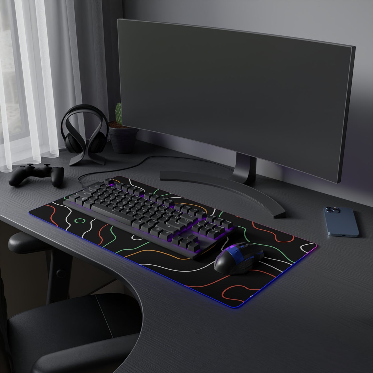 LED Gaming Mouse Pad - Topographic 2 Design, PC Mouse Mat with LED Lights, Various Sizes, Gaming Accessories