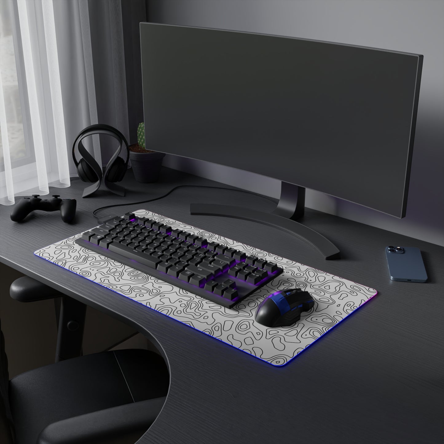 LED Gaming Mouse Pad - Topographic 10 Design, PC Mouse Mat with LED Lights, Various Sizes, Gaming Accessories