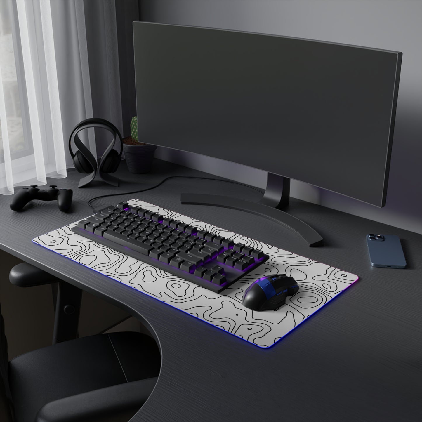 LED Gaming Mouse Pad - Topographic 7 Design, PC Mouse Mat with LED Lights, Various Sizes, Gaming Accessories